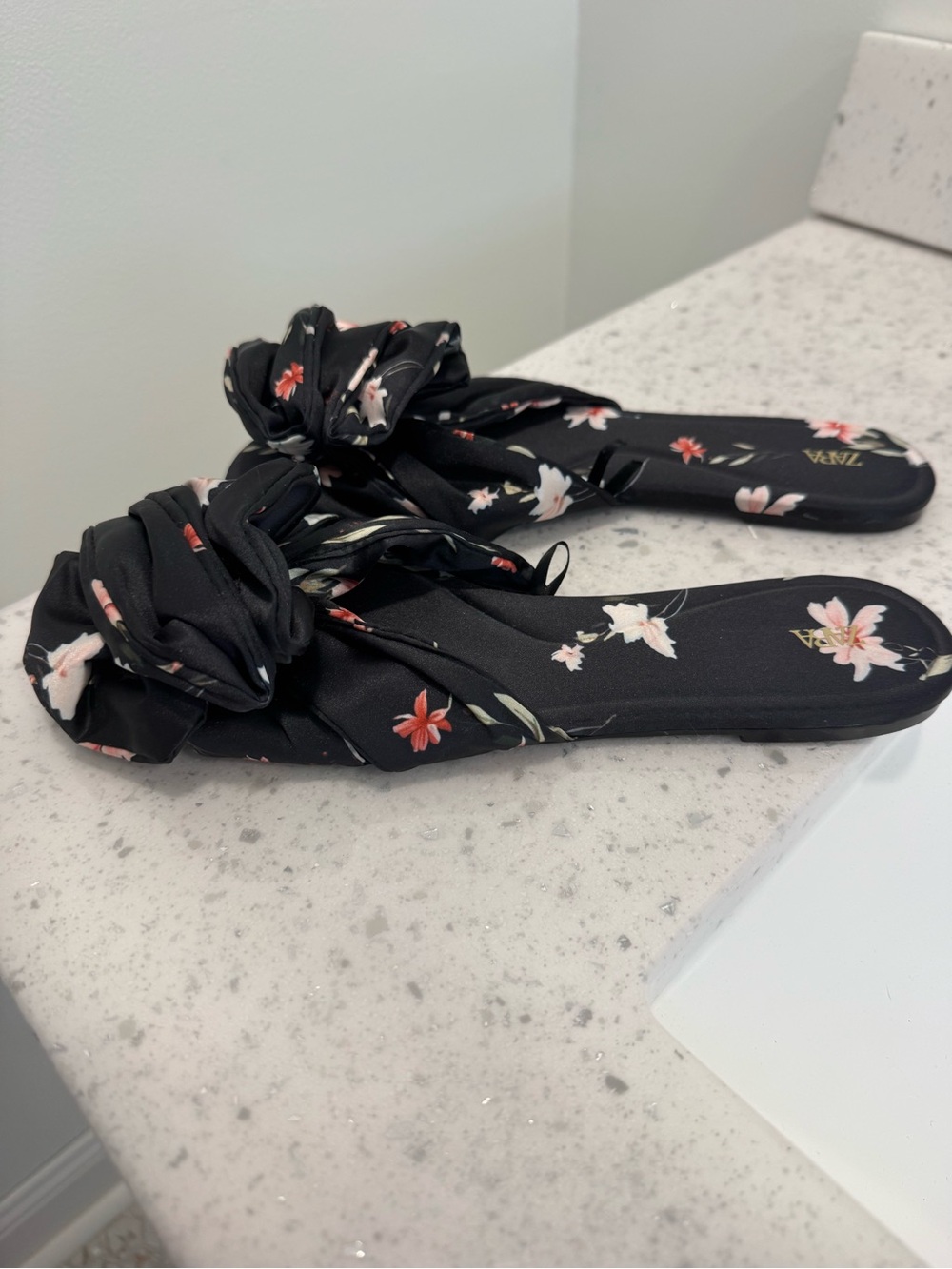 Zara Black Floral Knot Slide Mules